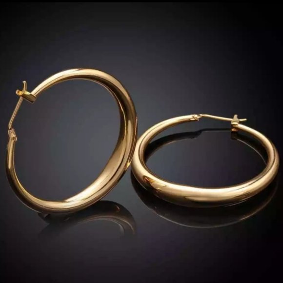 NEW 18K Yellow Gold 1.5'' Round Hoop Earrings W - Picture 1 of 4